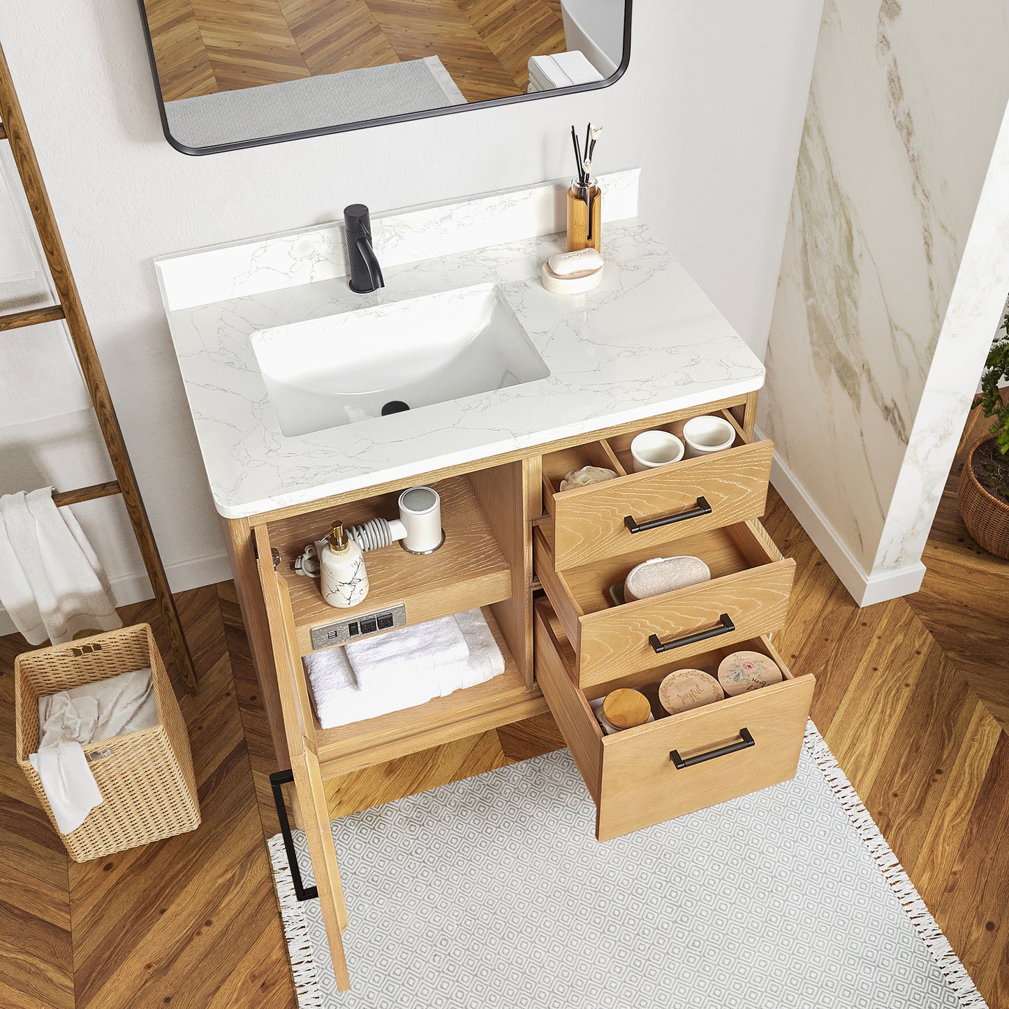 Gara 36" Free-standing Single Bath Vanity in Washed Ash Grey with White Grain Composite Stone Top
