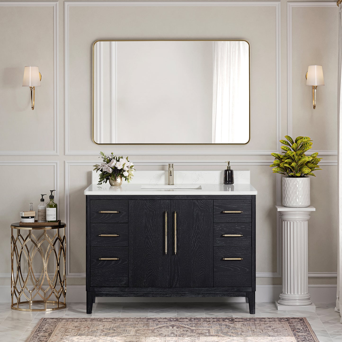 Gara 48" Free-standing Single Bath Vanity in Fir Wood Black with White Grain Composite Stone Top