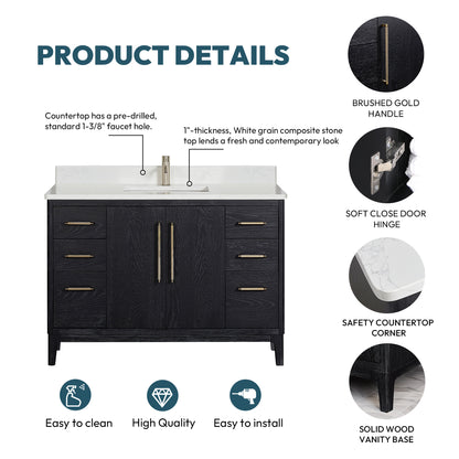 Gara 48" Free-standing Single Bath Vanity in Fir Wood Black with White Grain Composite Stone Top