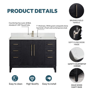 Gara 48" Free-standing Single Bath Vanity in Fir Wood Black with White Grain Composite Stone Top