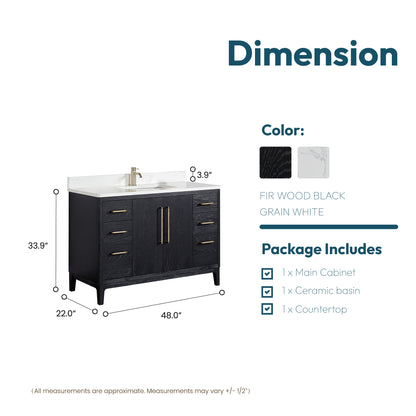 Gara 48" Free-standing Single Bath Vanity in Fir Wood Black with White Grain Composite Stone Top