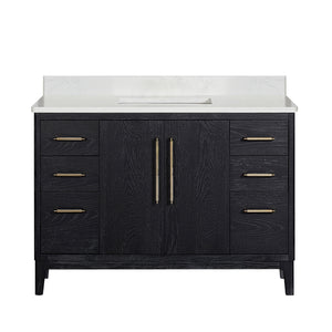 Open image in slideshow, Gara 48&quot; Free-standing Single Bath Vanity in Fir Wood Black with White Grain Composite Stone Top
