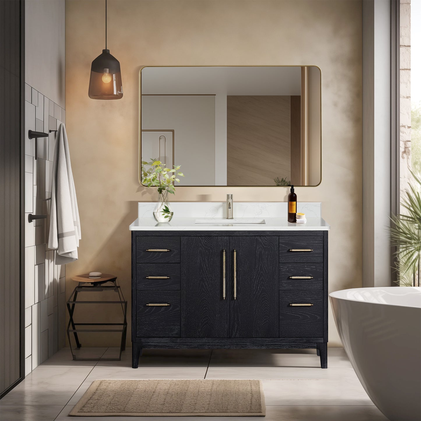 Gara 48" Free-standing Single Bath Vanity in Fir Wood Black with White Grain Composite Stone Top