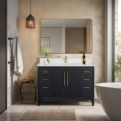 Gara 48" Free-standing Single Bath Vanity in Fir Wood Black with White Grain Composite Stone Top