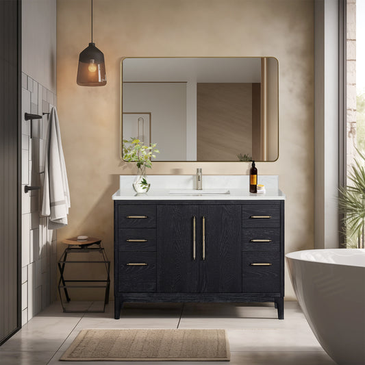 Gara 48" Free-standing Single Bath Vanity in Fir Wood Black with White Grain Composite Stone Top