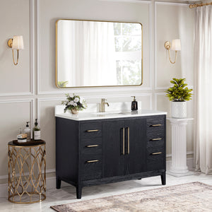 Gara 48" Free-standing Single Bath Vanity in Fir Wood Black with White Grain Composite Stone Top