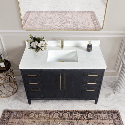 Gara 48" Free-standing Single Bath Vanity in Fir Wood Black with White Grain Composite Stone Top