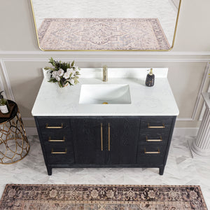 Gara 48" Free-standing Single Bath Vanity in Fir Wood Black with White Grain Composite Stone Top