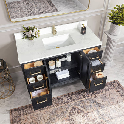 Gara 48" Free-standing Single Bath Vanity in Fir Wood Black with White Grain Composite Stone Top