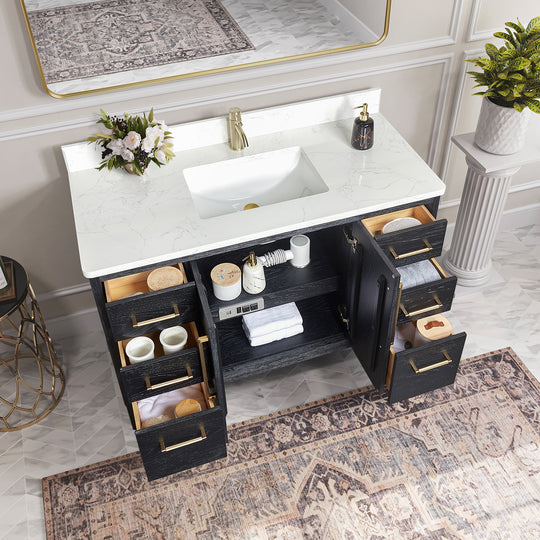 Issac Edwards 48" Free-standing Single Bath Vanity in Fir Wood Black with White Grain Composite Stone Top and Mirror