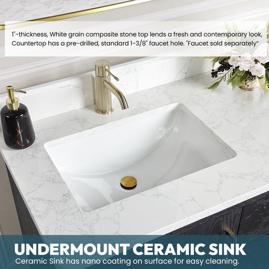 Issac Edwards 48" Free-standing Single Bath Vanity in Fir Wood Black with White Grain Composite Stone Top and Mirror