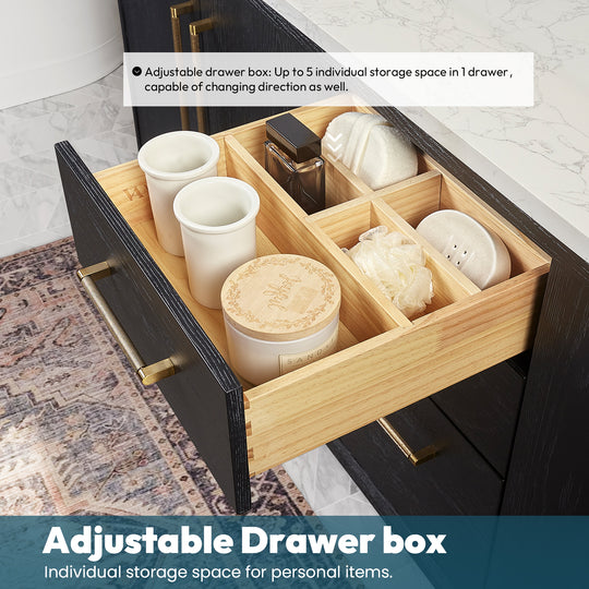 Issac Edwards 48" Free-standing Single Bath Vanity in Fir Wood Black with White Grain Composite Stone Top and Mirror