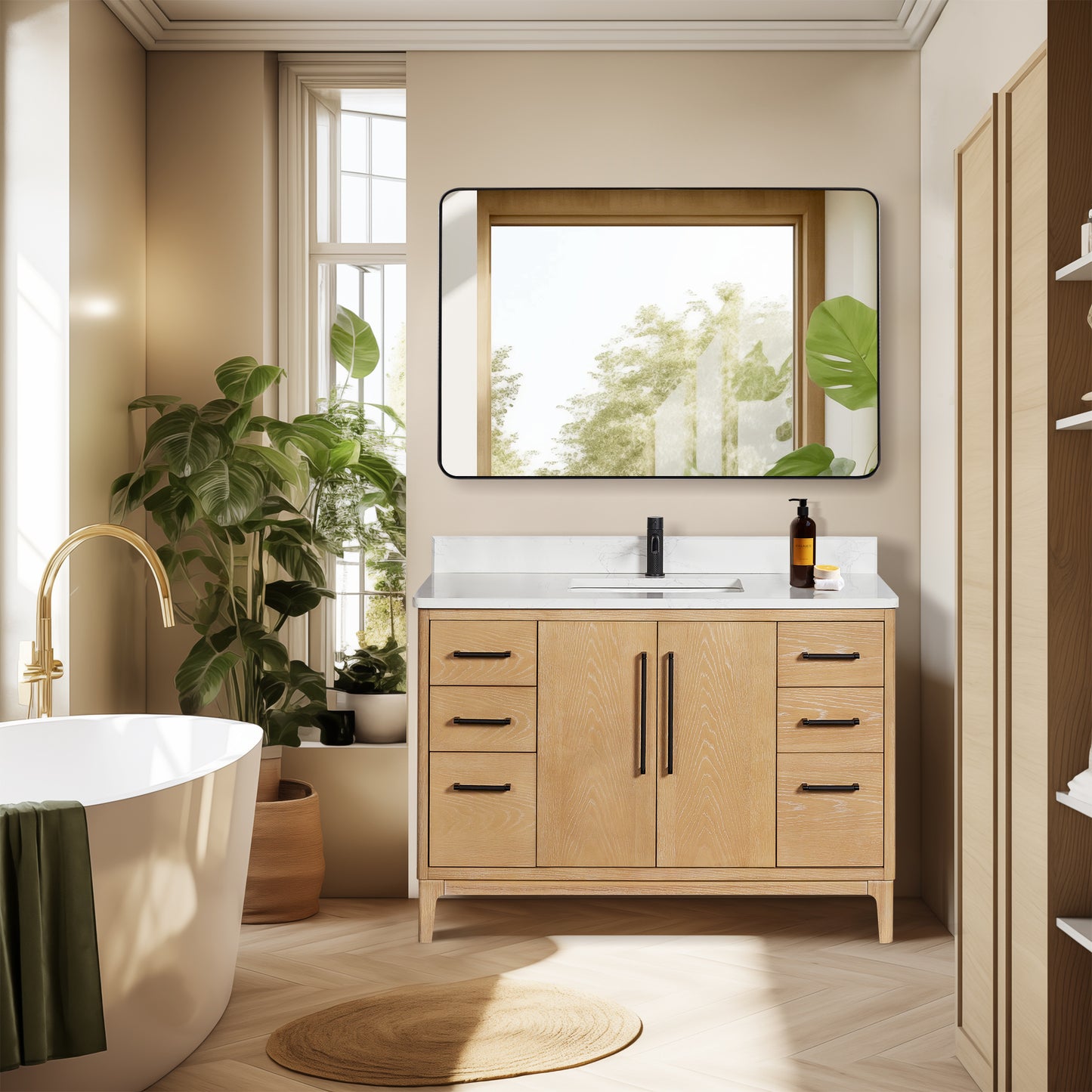 Gara 48" Free-standing Single Bath Vanity in Washed Ash Grey with White Grain Composite Stone Top