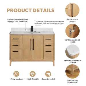 Gara 48" Free-standing Single Bath Vanity in Washed Ash Grey with White Grain Composite Stone Top