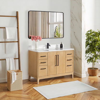 Gara 48" Free-standing Single Bath Vanity in Washed Ash Grey with White Grain Composite Stone Top