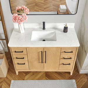 Gara 48" Free-standing Single Bath Vanity in Washed Ash Grey with White Grain Composite Stone Top