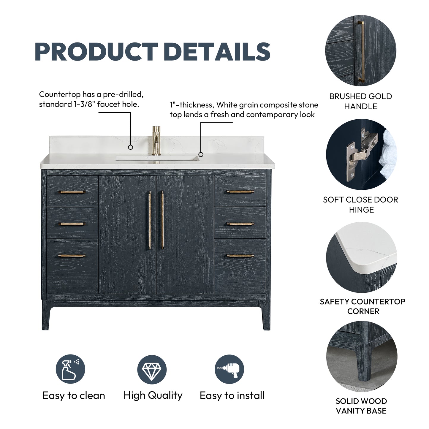 Gara 48" Free-standing Single Bath Vanity in Washed Blue with White Grain Composite Stone Top