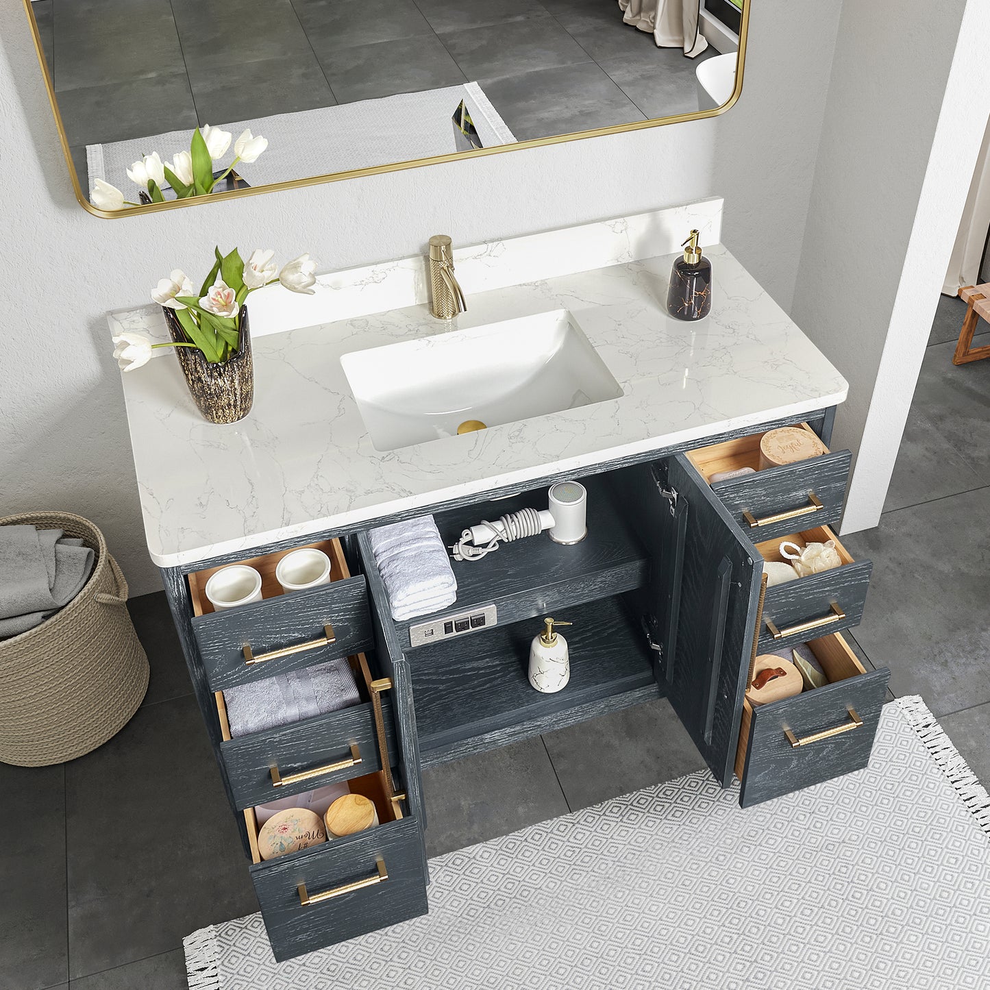 Gara 48" Free-standing Single Bath Vanity in Washed Blue with White Grain Composite Stone Top