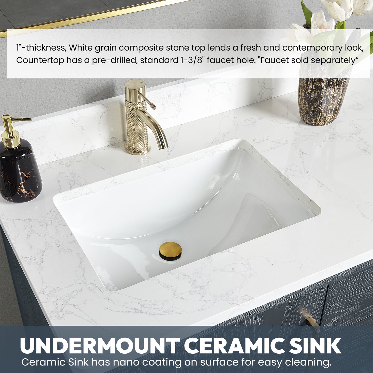 Gara 48" Free-standing Single Bath Vanity in Washed Blue with White Grain Composite Stone Top