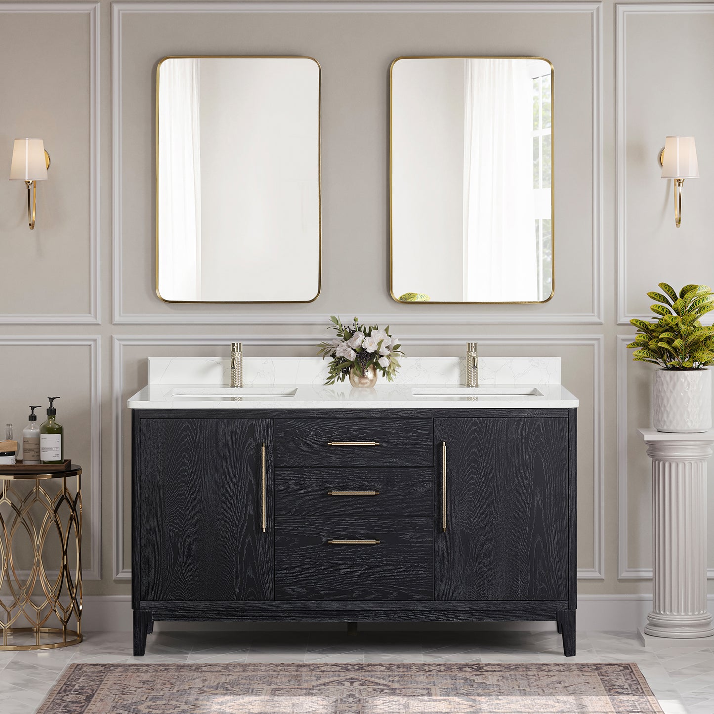 Gara 60M" Free-standing Double Bath Vanity in Fir Wood Black with White Grain Composite Stone Top