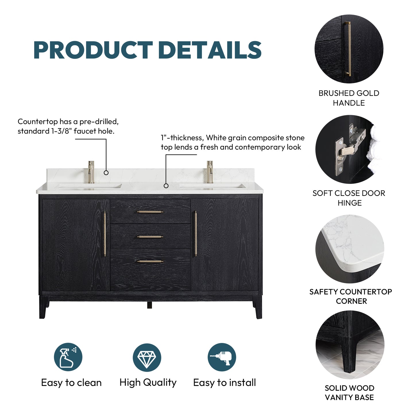 Gara 60M" Free-standing Double Bath Vanity in Fir Wood Black with White Grain Composite Stone Top