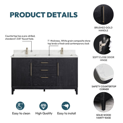 Gara 60M" Free-standing Double Bath Vanity in Fir Wood Black with White Grain Composite Stone Top
