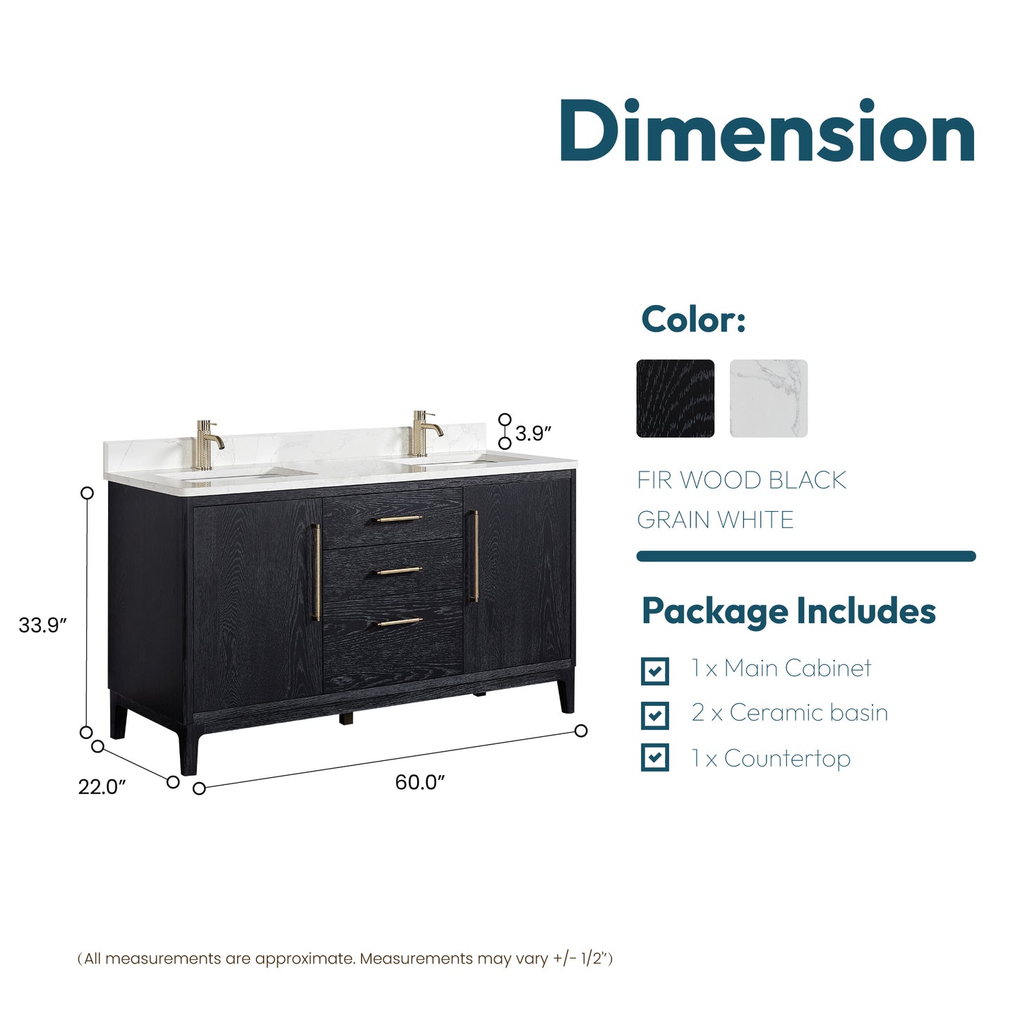 Gara 60M" Free-standing Double Bath Vanity in Fir Wood Black with White Grain Composite Stone Top