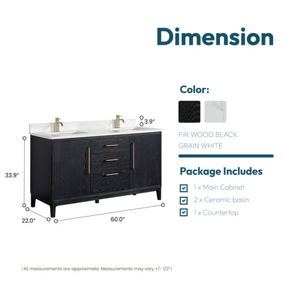 Gara 60M" Free-standing Double Bath Vanity in Fir Wood Black with White Grain Composite Stone Top