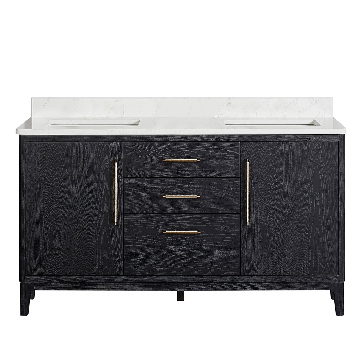 Gara 60M" Free-standing Double Bath Vanity in Fir Wood Black with White Grain Composite Stone Top