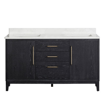 Gara 60M" Free-standing Double Bath Vanity in Fir Wood Black with White Grain Composite Stone Top