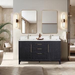 Gara 60M" Free-standing Double Bath Vanity in Fir Wood Black with White Grain Composite Stone Top