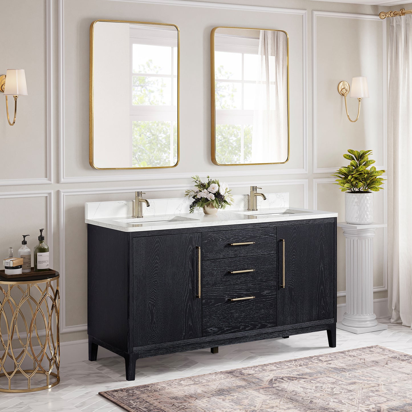 Gara 60M" Free-standing Double Bath Vanity in Fir Wood Black with White Grain Composite Stone Top