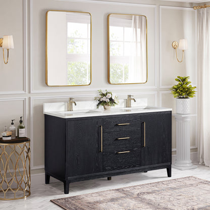 Gara 60M" Free-standing Double Bath Vanity in Fir Wood Black with White Grain Composite Stone Top