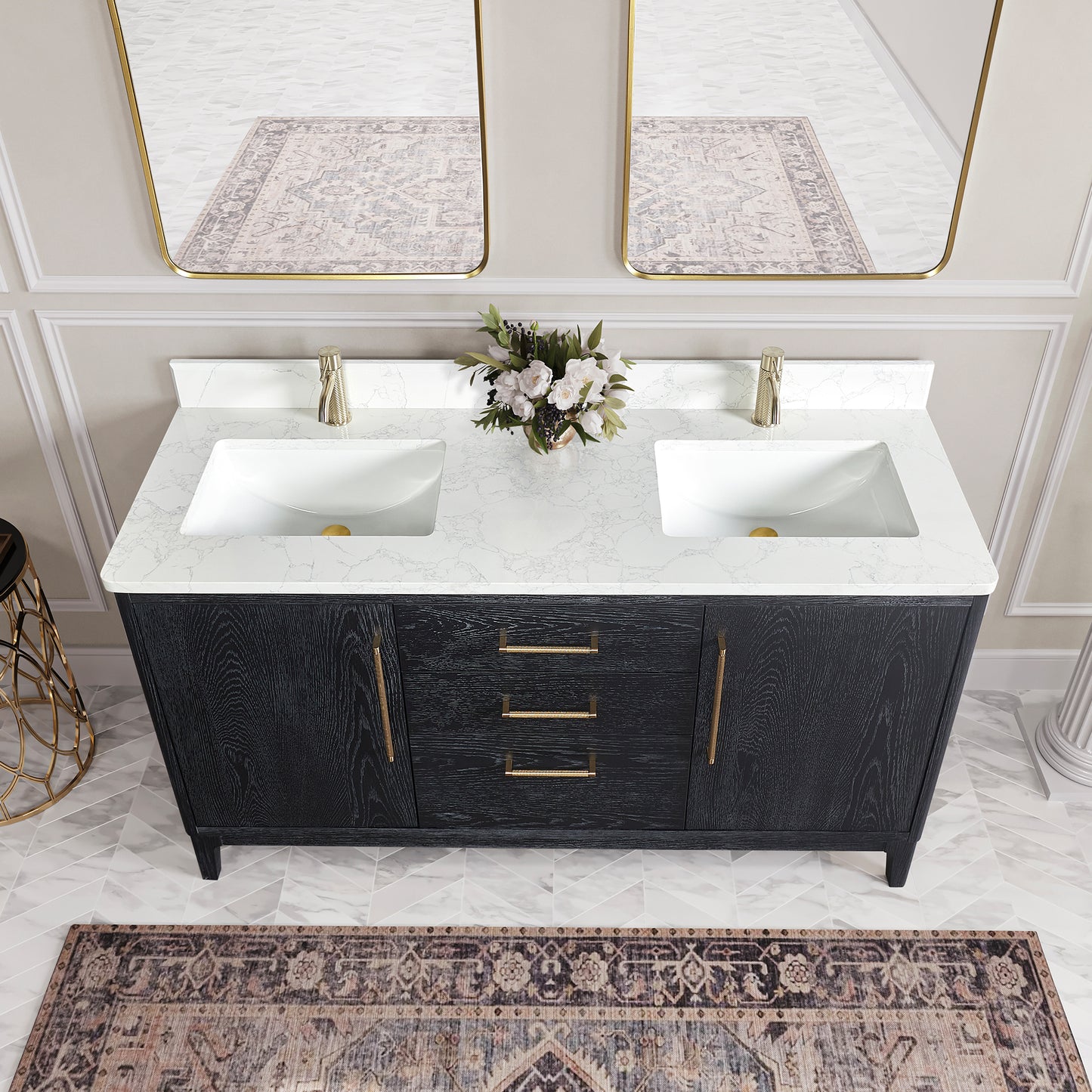 Gara 60M" Free-standing Double Bath Vanity in Fir Wood Black with White Grain Composite Stone Top