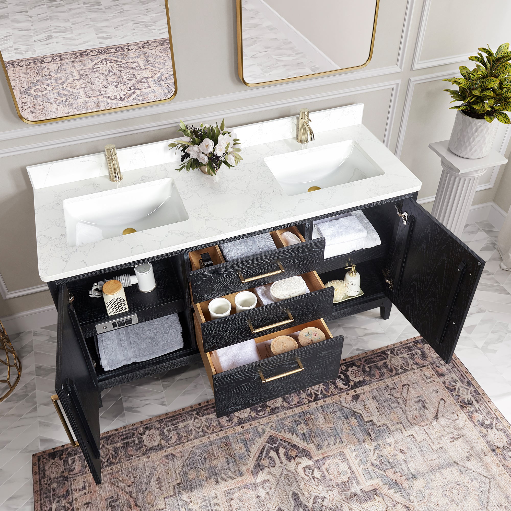 Gara 60M" Free-standing Double Bath Vanity in Fir Wood Black with White Grain Composite Stone Top