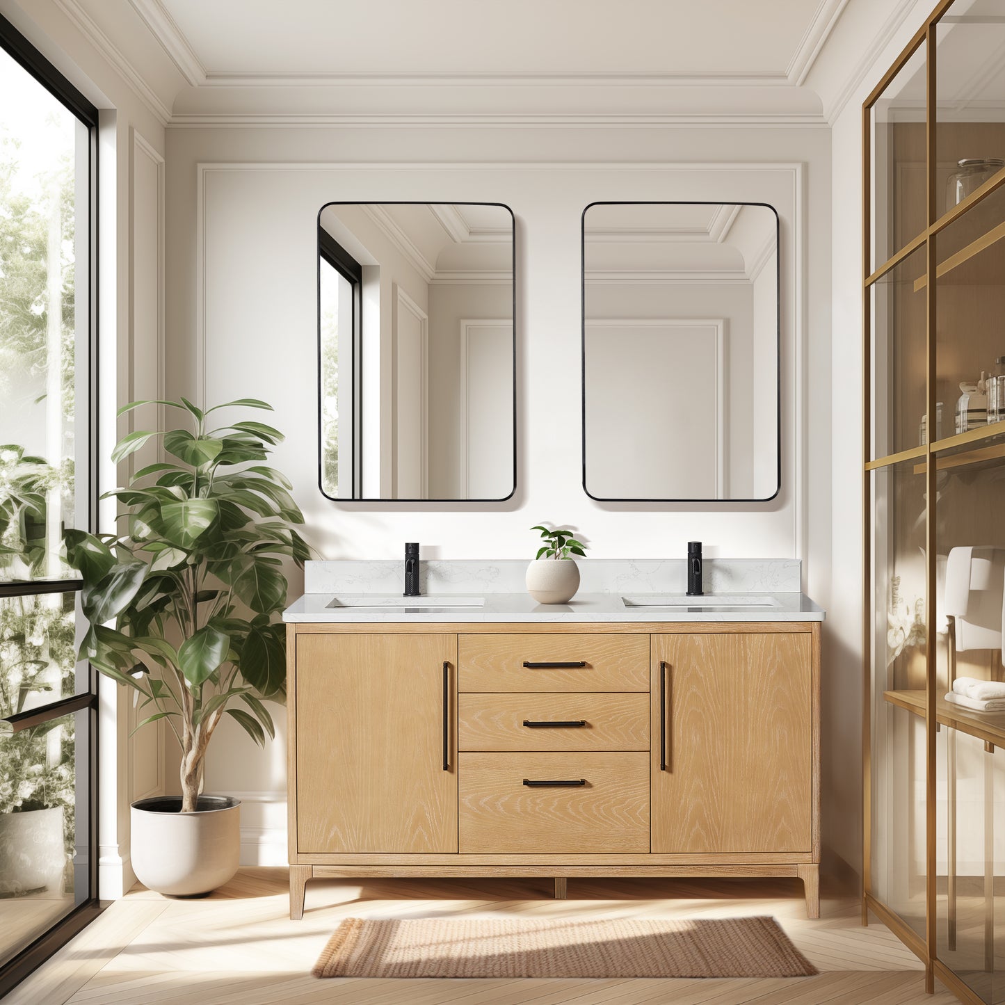 Gara 60M" Free-standing Double Bath Vanity in Washed Ash Grey with White Grain Composite Stone Top