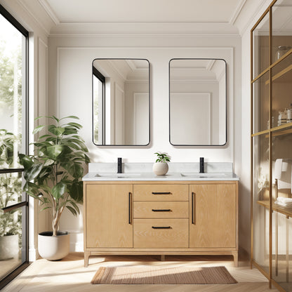 Gara 60M" Free-standing Double Bath Vanity in Washed Ash Grey with White Grain Composite Stone Top