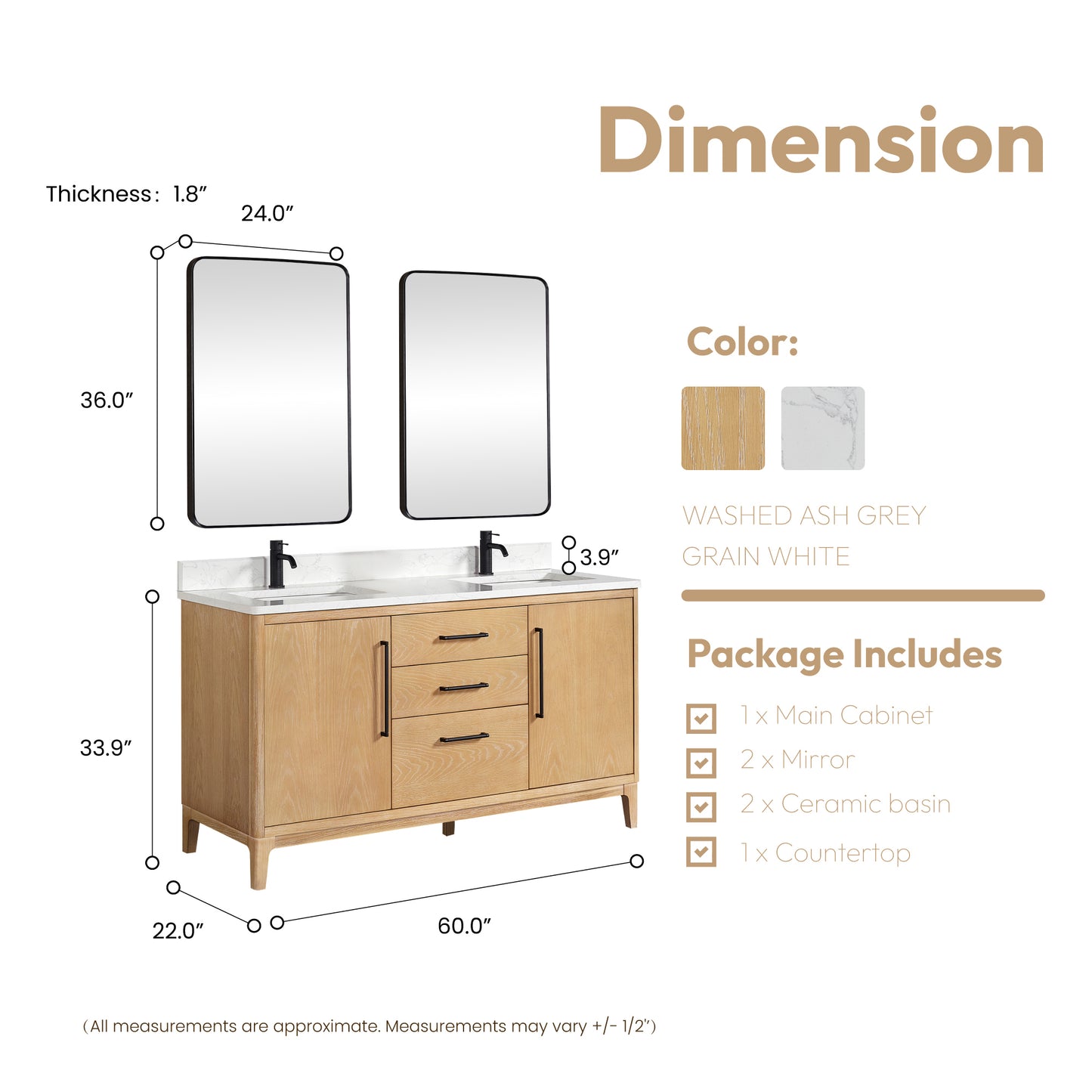 Gara 60M" Free-standing Double Bath Vanity in Washed Ash Grey with White Grain Composite Stone Top