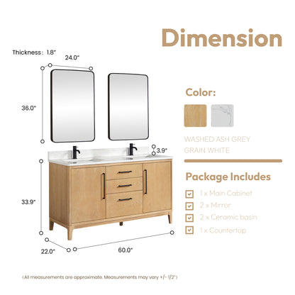 Gara 60M" Free-standing Double Bath Vanity in Washed Ash Grey with White Grain Composite Stone Top