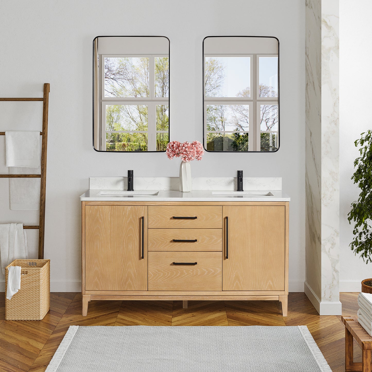 Gara 60M" Free-standing Double Bath Vanity in Washed Ash Grey with White Grain Composite Stone Top