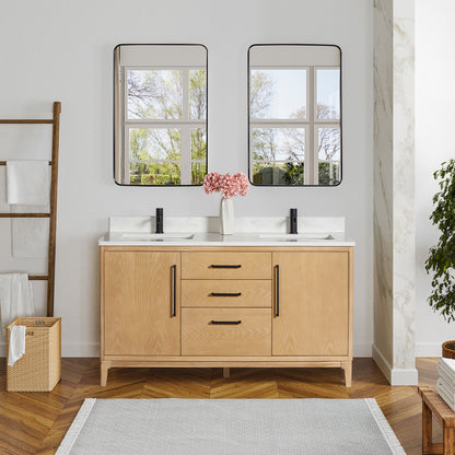 Gara 60M" Free-standing Double Bath Vanity in Washed Ash Grey with White Grain Composite Stone Top