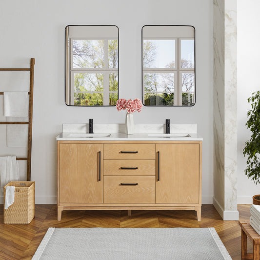 Gara 60M" Free-standing Double Bath Vanity in Washed Ash Grey with White Grain Composite Stone Top