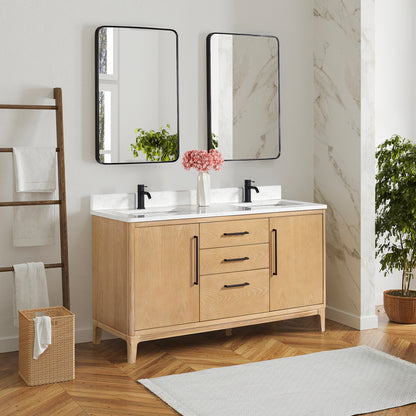 Gara 60M" Free-standing Double Bath Vanity in Washed Ash Grey with White Grain Composite Stone Top