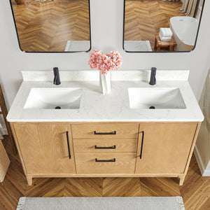 Gara 60M" Free-standing Double Bath Vanity in Washed Ash Grey with White Grain Composite Stone Top