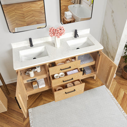 Gara 60M" Free-standing Double Bath Vanity in Washed Ash Grey with White Grain Composite Stone Top