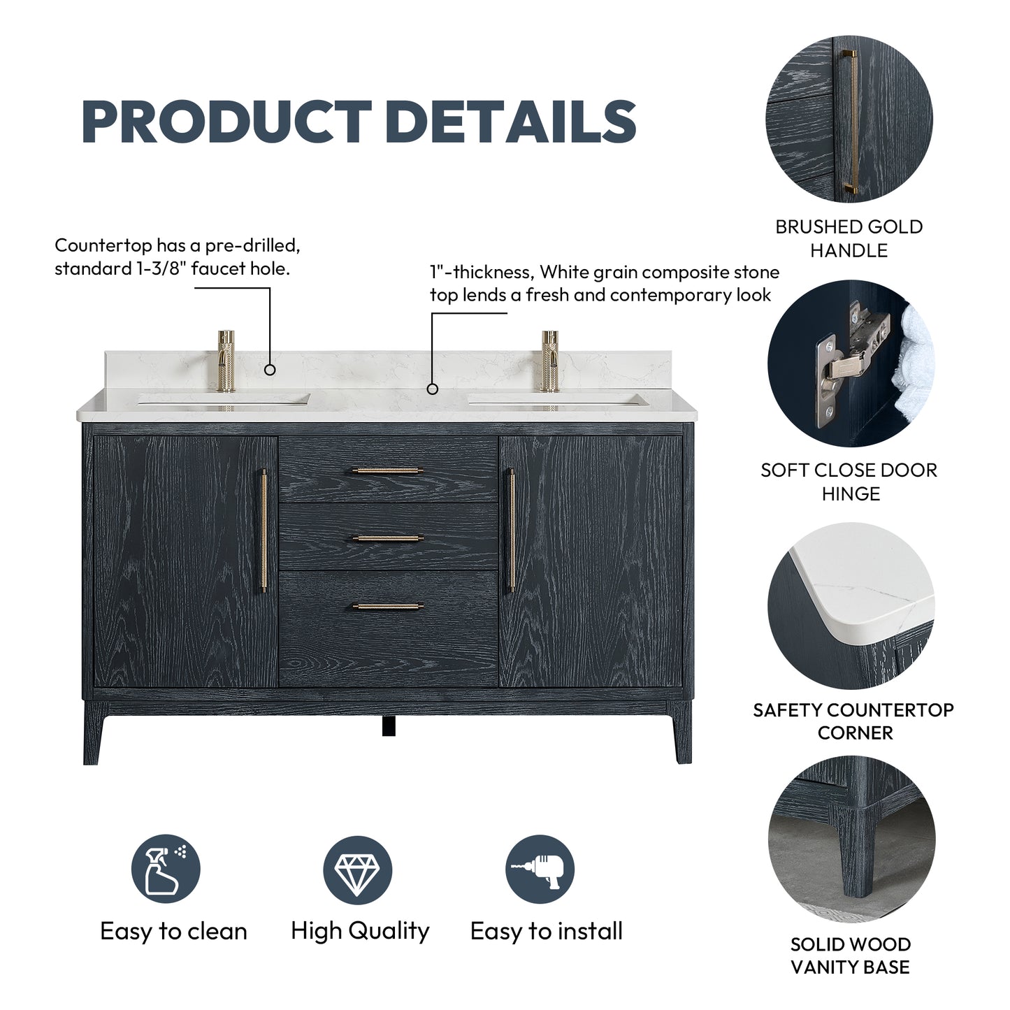 Gara 60M" Free-standing Double Bath Vanity in Washed Blue with White Grain Composite Stone Top