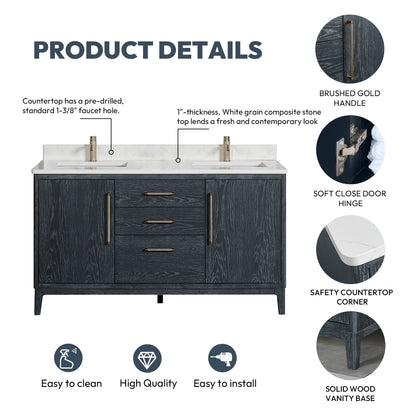 Gara 60M" Free-standing Double Bath Vanity in Washed Blue with White Grain Composite Stone Top