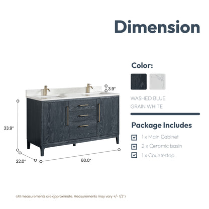 Gara 60M" Free-standing Double Bath Vanity in Washed Blue with White Grain Composite Stone Top