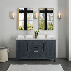 Open image in slideshow, Gara 60M&quot; Free-standing Double Bath Vanity in Washed Blue with White Grain Composite Stone Top
