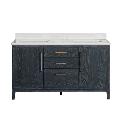 Gara 60M" Free-standing Double Bath Vanity in Washed Blue with White Grain Composite Stone Top